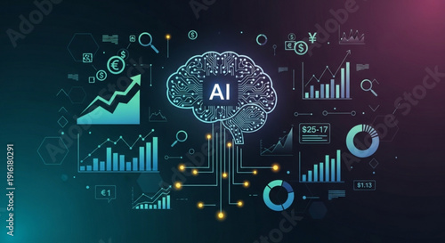A futuristic vector graphic illustrating artificial intelligence with various charts and graphs surrounding a brain icon