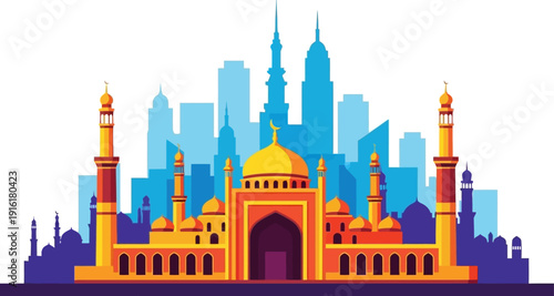 Golden mosque silhouette against a modern cityscape