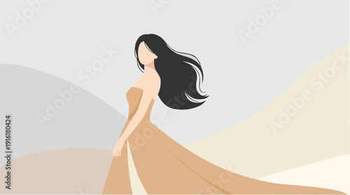 Elegant Faceless Woman in Flowing Dress Minimalist Aesthetic Illustration