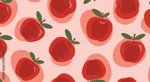 Vibrant seamless pattern featuring bright red apples with green leaves and soft shadows on a light pink background for kitchen textiles.