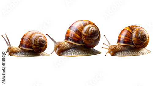 Large brown garden snail with highly detailed spiral shell and glossy slimy foot, iso