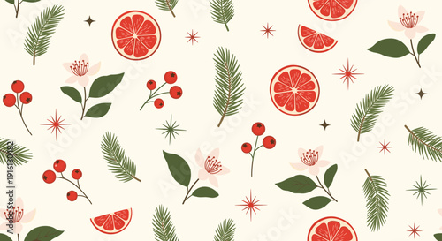 Festive seamless pattern with sliced red citrus fruit, evergreen pine branches, white flowers, and berries on a light beige background.