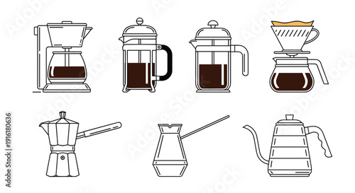 Detailed line art set of various coffee brewing methods including drip machine, french press, moka pot, cezve, and a pour over kettle.