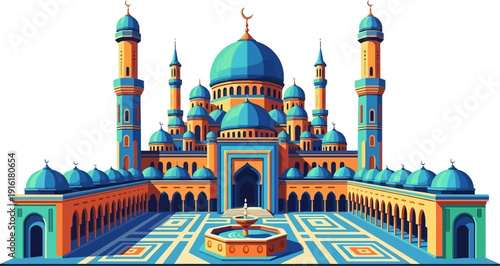 Mosque courtyard with a central fountain and blue domes