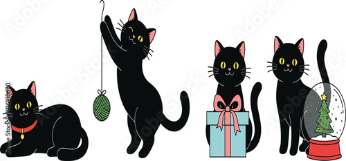 Cute Black Cat Christmas Cartoon Set with Gift Box Snow Globe Yarn Ball and Festive Holiday Pet Characters for Winter Vector Illustration Collection