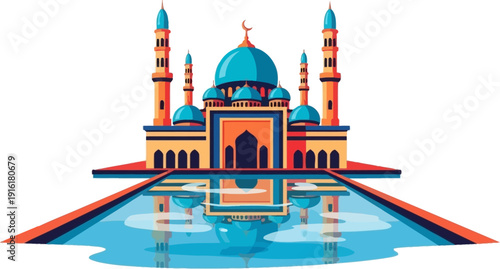 Mosque with blue domes reflected in a serene courtyard pool