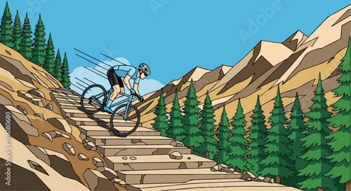 Vector illustration of a male mountain biker in a blue jersey descending steep rocky stairs on a dirt trail with pine trees and brown mountains under a clear sky.