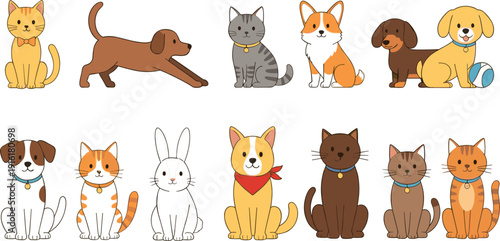 Cute Cartoon Cats and Dogs Character Set with Different Breeds Sitting and Playing Adorable Domestic Pets Collection for Pet Care and Kids Design