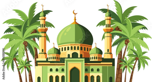 Tropical islamic sanctuary surrounded by lush palm trees