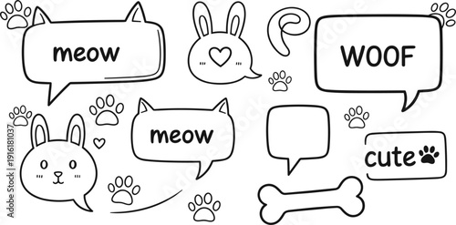 Cute Pet Speech Bubble Doodle Set with Meow Woof Paw Prints and Bone Hand Drawn Elements for Animal Lover Stickers and Kids Design