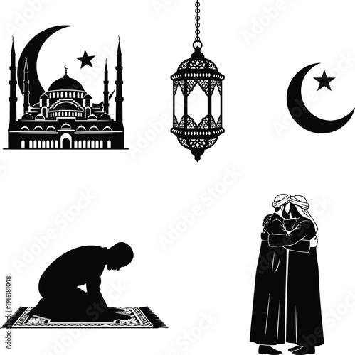 Eid Mubarak Islamic Silhouette Set with Mosque, Lantern, Crescent Moon, Prayer and Greeting