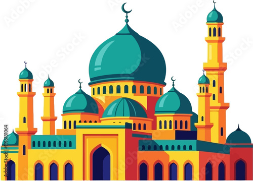 Yellow and green mosque design with multiple minarets and arched windows