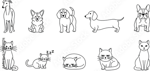 Dog and Cat Outline Character Set with Different Breeds and Poses Cute Domestic Pets Line Art Collection for Veterinary and Pet Care Designs