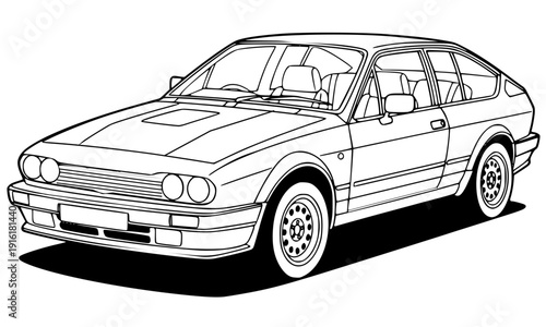 Vintage Classic Hatchback Line Art Illustration , 1980s Retro European Sport Car Vector Outline