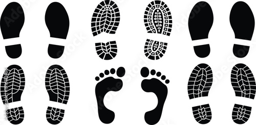 Footprint and Shoe Sole Silhouette Set with Human Foot Steps and Boot Tread Patterns for Walking, Tracking, Footwear, and Outdoor Design