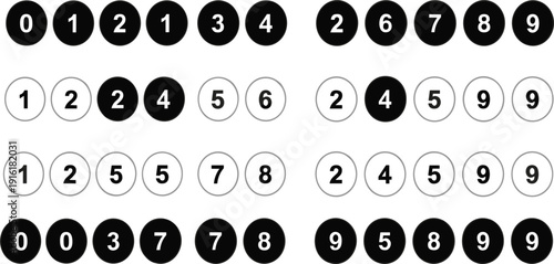 Number Circle Icon Set with Black and White Numeric Symbols for Counting, Infographics, Statistics, Data Visualization, and Modern Design Projects
