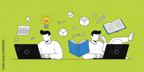 Online Learning and Study Concept with Students Using Laptops Books and Educational Icons for E Learning Knowledge Training and Modern Digital Education Design