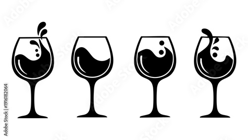 Set of minimalist wine glass silhouette icons with liquid splashes for modern bar menu designs