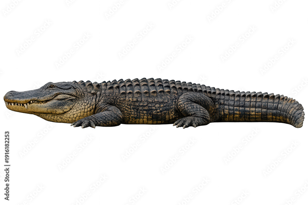 Fototapeta premium Alligator resting, showcasing reptilian scales, powerful jaws, and predatory nature, isolated on transparent background