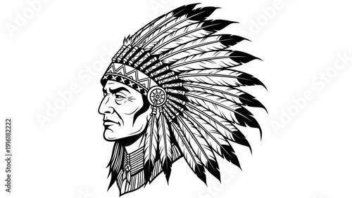 Native American Chief Wearing Traditional Feathered War Bonnet Headdress, Indigenous Tribal Leader Portrait