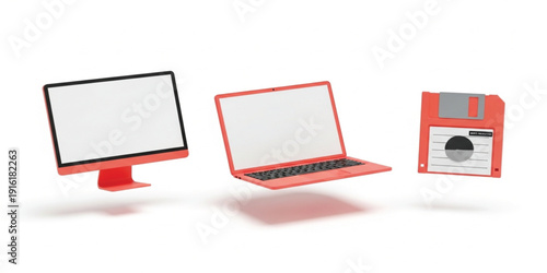 Retro Computer Monitor Laptop and Floppy Disk Vector Illustration Set with Vintage Technology Devices for Digital Storage, Office Equipment, and Tech Design Concepts