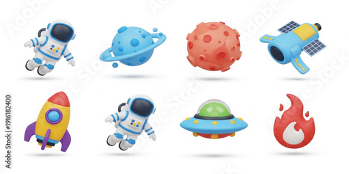3D Space Cartoon Icon Set with Astronaut Rocket Planet Satellite UFO and Galaxy Elements for Kids Science Education Astronomy Exploration and Creative Design Projects