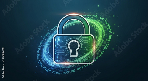 A vector graphic illustration of a padlock with a circuit board design and binary code swirling around it, symbolizing digital security and protection.