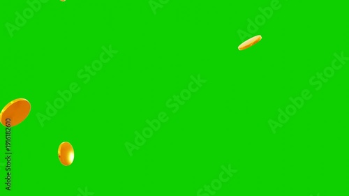 Gold coins exploding, 3d Gold coins explosion on green screen background. Coin rain with alpha channel. Gold Coin Spinning in the Air Overlay Animation. Business and currency Concept Falling 4K.