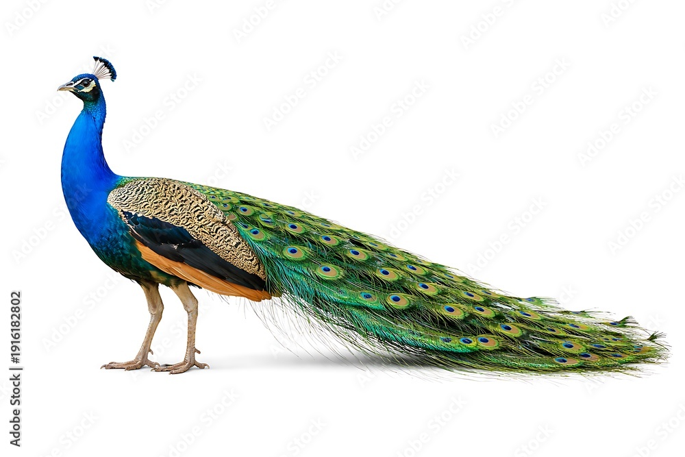 Fototapeta premium Peacock with Vibrant Blue and Green Feathers on a White Background peafowl bird