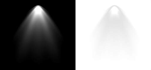 Abstract representation of a bright white spotlight beam casting light rays downwards against a deep black background illustrating illumination and focus.