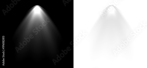 Obraz na plátne Abstract representation of a bright white spotlight beam casting light rays downwards against a deep black background illustrating illumination and focus