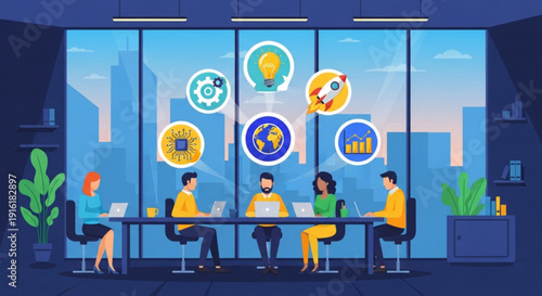 A group of diverse business professionals working together in a modern office with a city view and brainstorming ideas