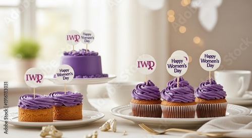 International Womens Day Celebration with Purple Cupcakes and Cake.