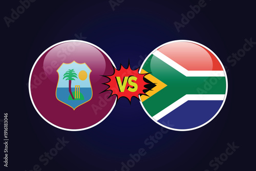 West Indies vs South Africa cricket match vector design illustrator rival flags of both teams with circular shape. WI vs SA cricket match concept.