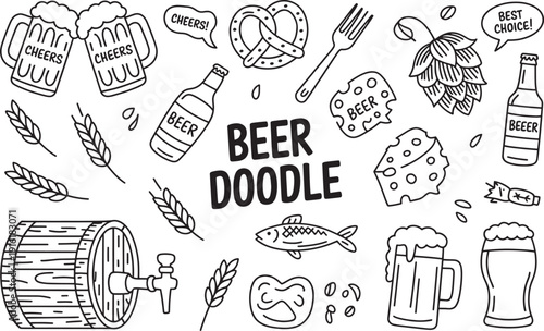 Beer doodle set, hand drawn style with beer mugs, bottles, barrel, food and cheers on transparent background