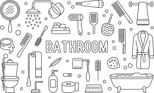 Bathroom doodle set, bath elements and hygiene products, hand drawn style transparent background