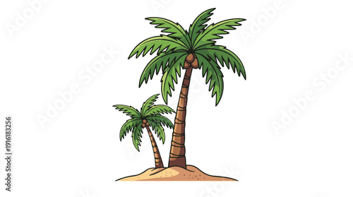 Two palm trees on a sandy mound