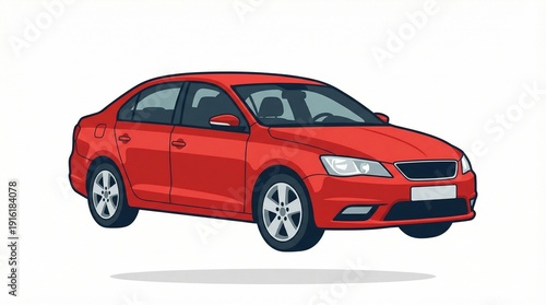 Red sedan car, clean vector illustration, bright daylight, flat design, automotive advertising.