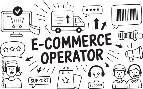 E commerce operator doodle icons for online shopping delivery support and customer service concepts graphic design