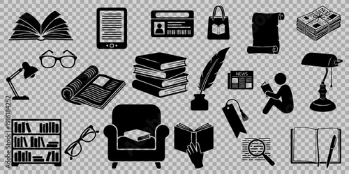 Reading and book silhouettes set including library icons, books, study equipment, and literature symbols isolated