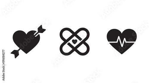 Heart icons in minimalist design with simple shapes and black color for healthcare branding