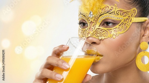 Yellow Carnival Eye Mask Portrait of Woman, Fashion Editorial, Elegant Festival Look
