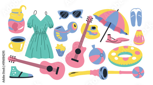 Vibrant summer vacation and music items illustration