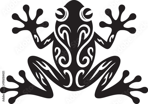 Tribal frog silhouette with swirling patterns ornate frog design black on white background vector art