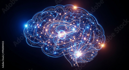 A glowing blue and orange brain with neural connections and sparks on a dark background