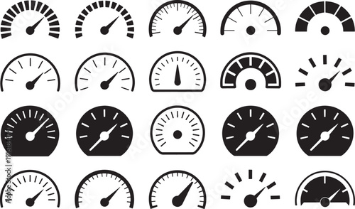 Set of black speedometers isolated on transparent background. collection of simple measuring gauges