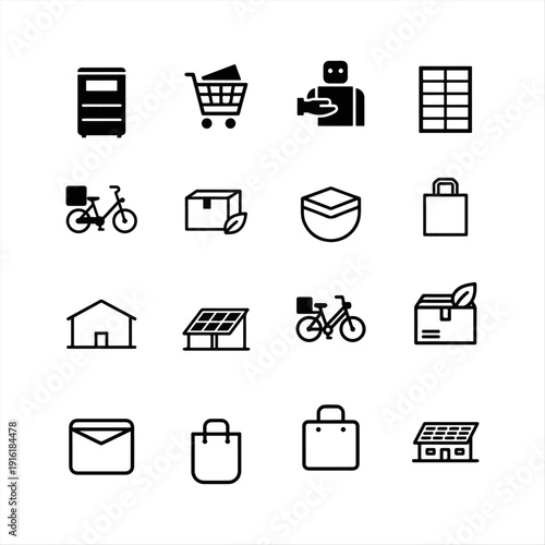 Set of minimalist e-commerce and quick delivery icons, shopping cart, drone delivery, and online payment vector symbols.