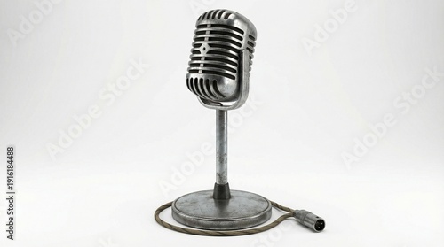 Vintage microphone on stand with cable in metallic silver and grey in studio lighting for podcasting.