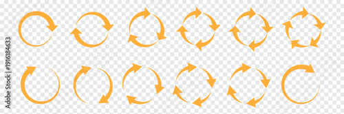 Set of circle arrows rotating on white background. Refresh, reload, recycle, loop rotation sign collection. Black circle arrows for infographics, web design. Vector illustration, flat style, clip art