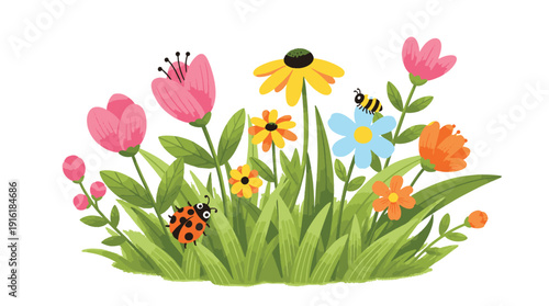 Vibrant garden scene with flowers and insects